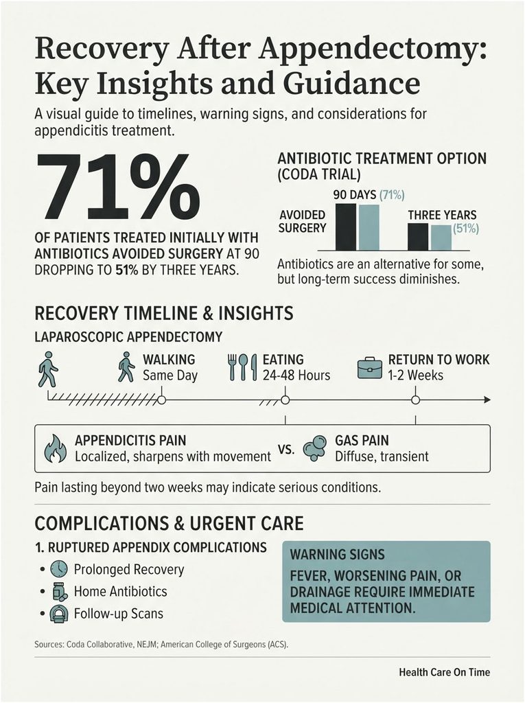 Infographic showing recovery insights after appendectomy, including statistics, timelines, and warning signs.