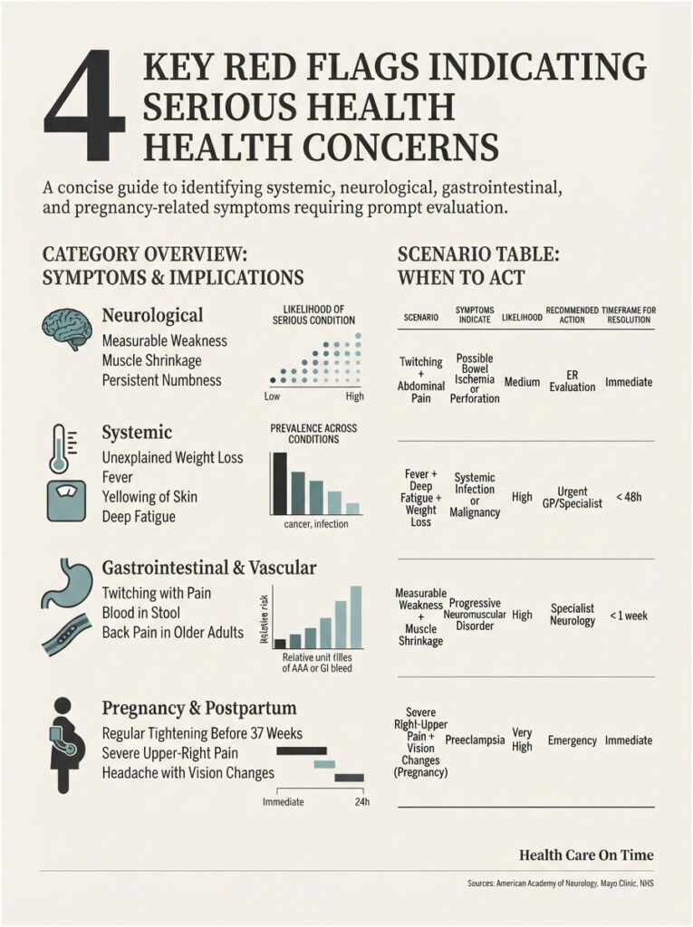 Infographic showing 4 key red flags for serious health concerns, including symptoms and actions to take.
