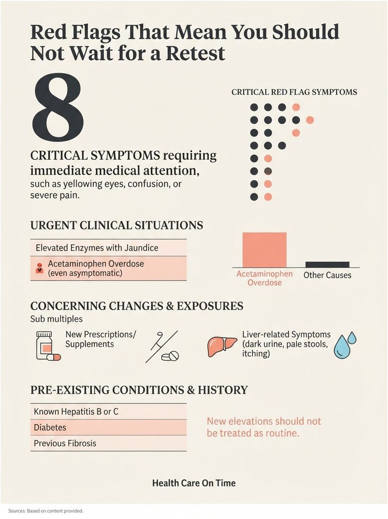Infographic detailing 8 critical symptoms requiring immediate medical attention, including acetaminophen overdose.
