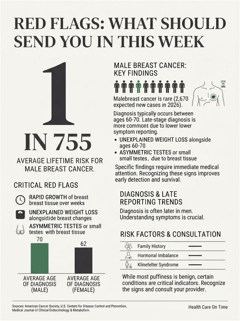 Infographic showing male breast cancer risks, statistics, and critical red flags for diagnosis and consultation.