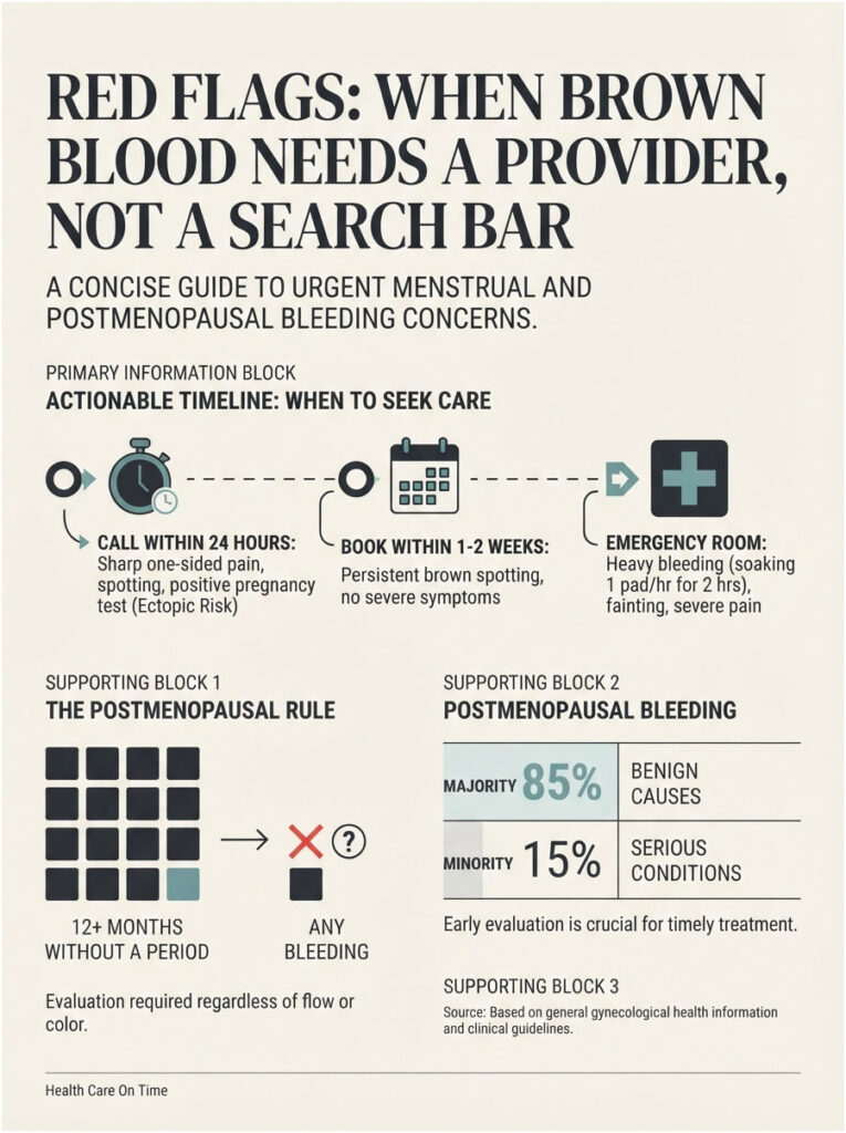 Infographic detailing urgent menstrual and postmenopausal bleeding concerns with action timelines and statistics.