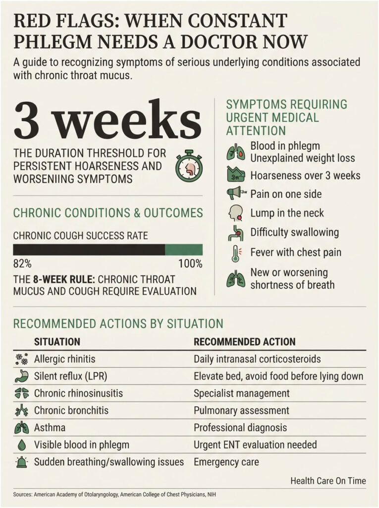 Infographic detailing red flags for chronic phlegm, including symptoms and recommended actions for various conditions.