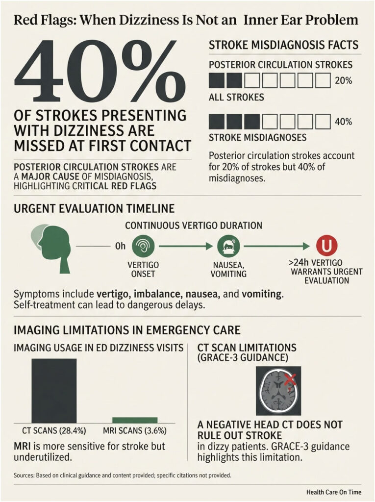 Infographic showing stroke misdiagnosis statistics, evaluation timeline, and imaging limitations in emergency care.