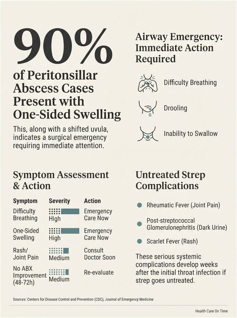 Infographic showing peritonsillar abscess symptoms, emergency actions, and untreated strep complications.