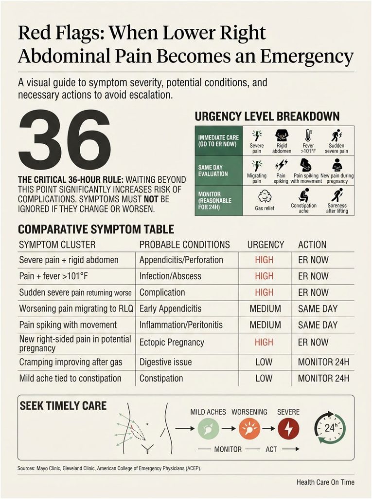 Infographic detailing symptoms of lower right abdominal pain, urgency levels, and conditions to monitor or seek care.