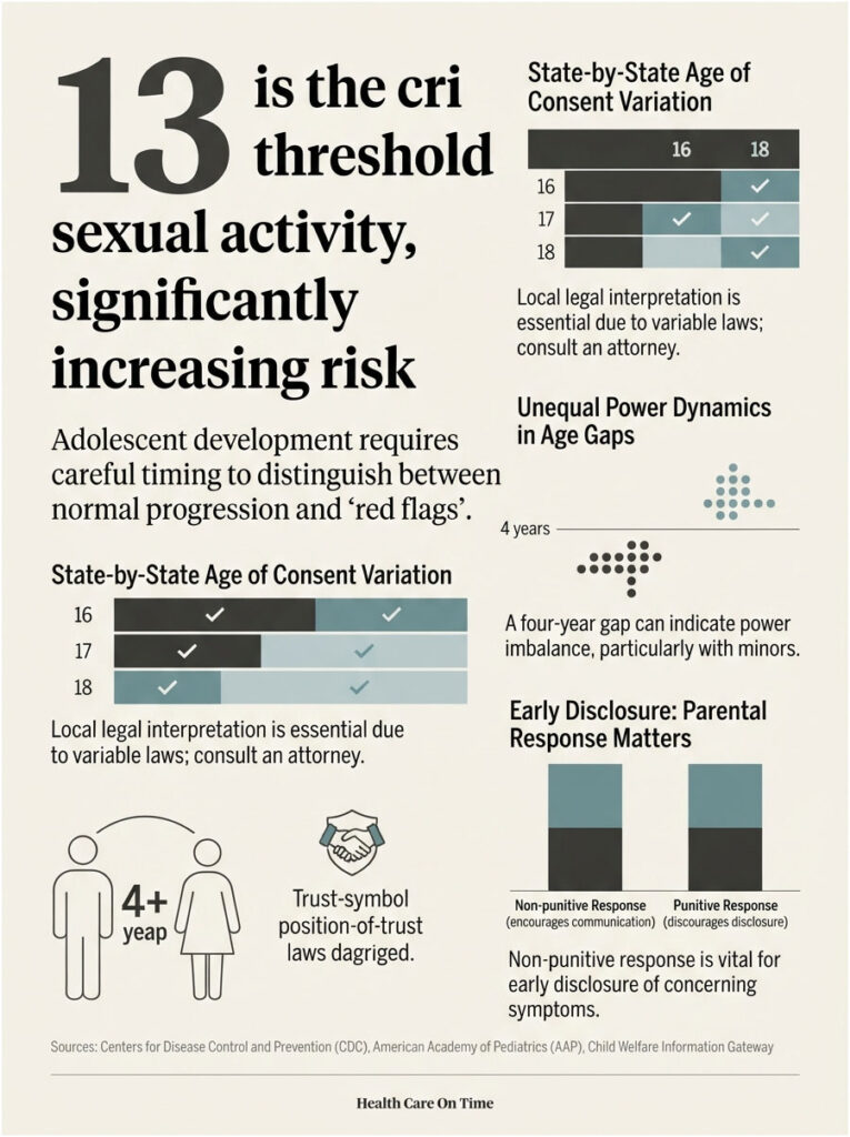 Infographic showing age of consent variations, risks of sexual activity at age 13, and parental response importance.