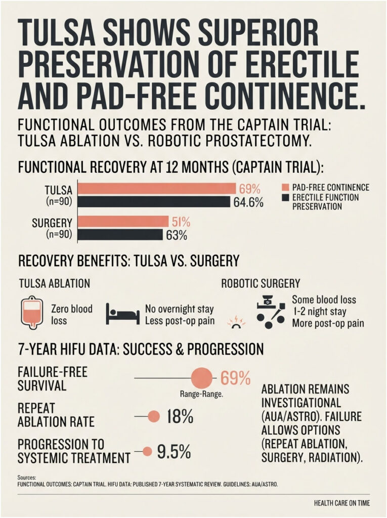 Infographic comparing Tulsa ablation and robotic surgery outcomes for erectile function and continence preservation.