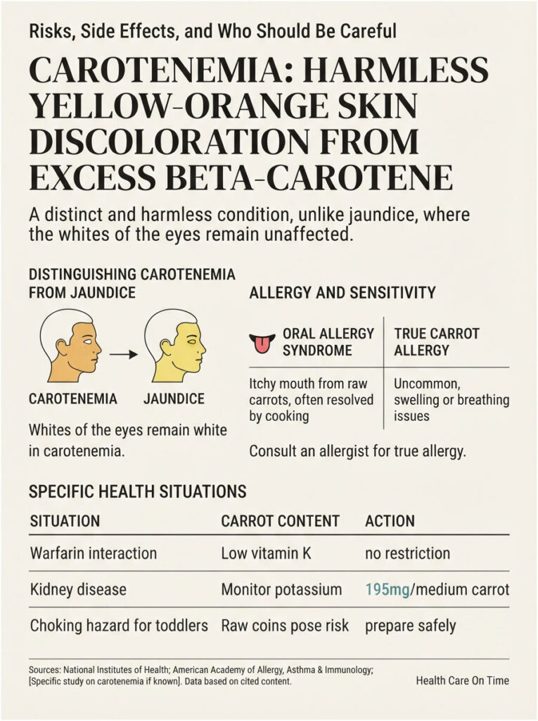 Infographic explaining carotenemia, distinguishing it from jaundice, and detailing allergy risks and health situations.