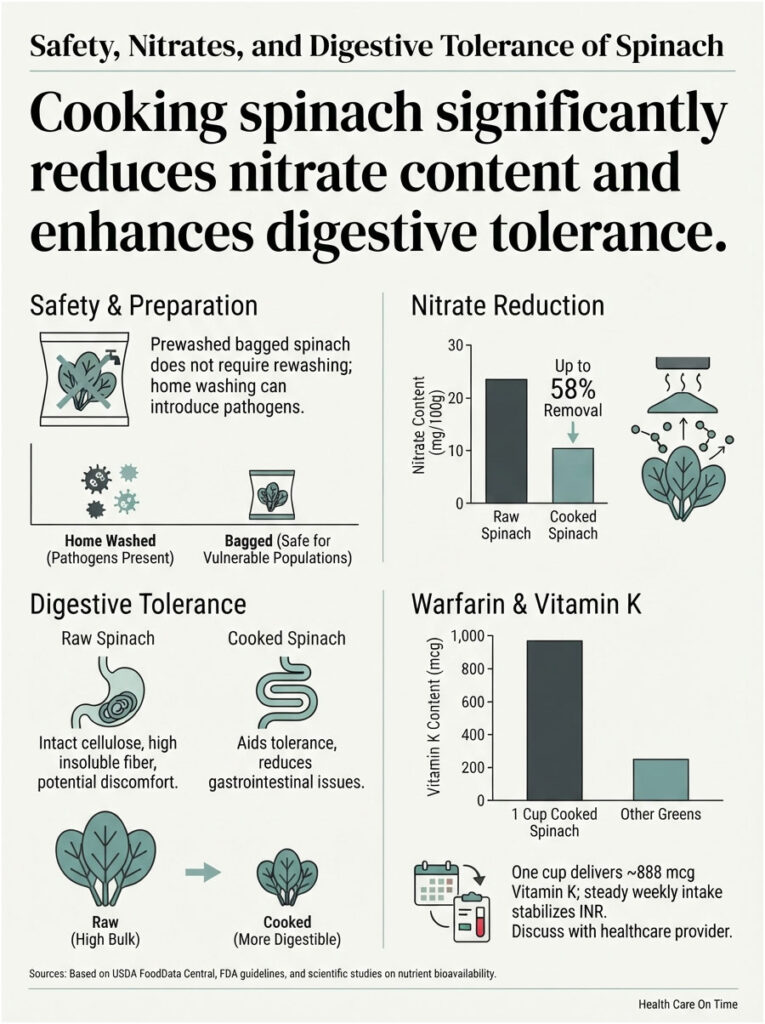 Infographic showing spinach safety, nitrate reduction, digestive tolerance, and vitamin K content comparisons.