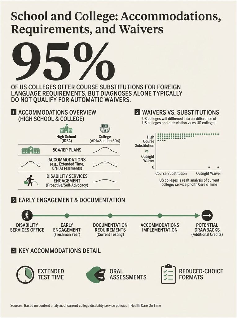 Infographic showing 95% of US colleges offer course substitutions for language requirements, detailing accommodations and waivers.