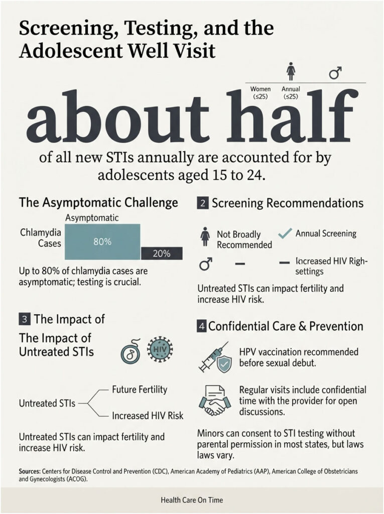 Infographic showing STI statistics, screening recommendations, and prevention for adolescents aged 15 to 24.