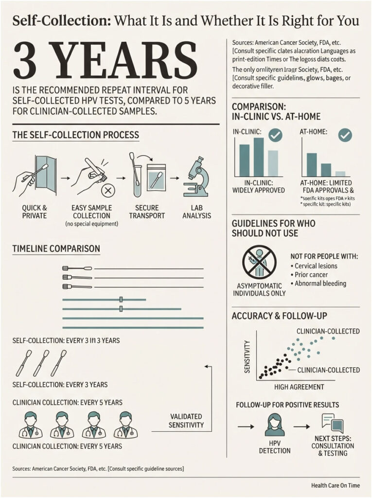 Infographic explaining self-collection for HPV tests, showing process, timeline, and guidelines for use.