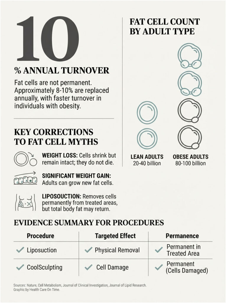 Infographic showing fat cell turnover, myths, and procedures like liposuction and CoolSculpting with statistics.