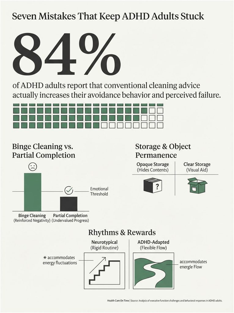 Infographic showing seven mistakes ADHD adults make, including statistics and visual comparisons of cleaning methods.