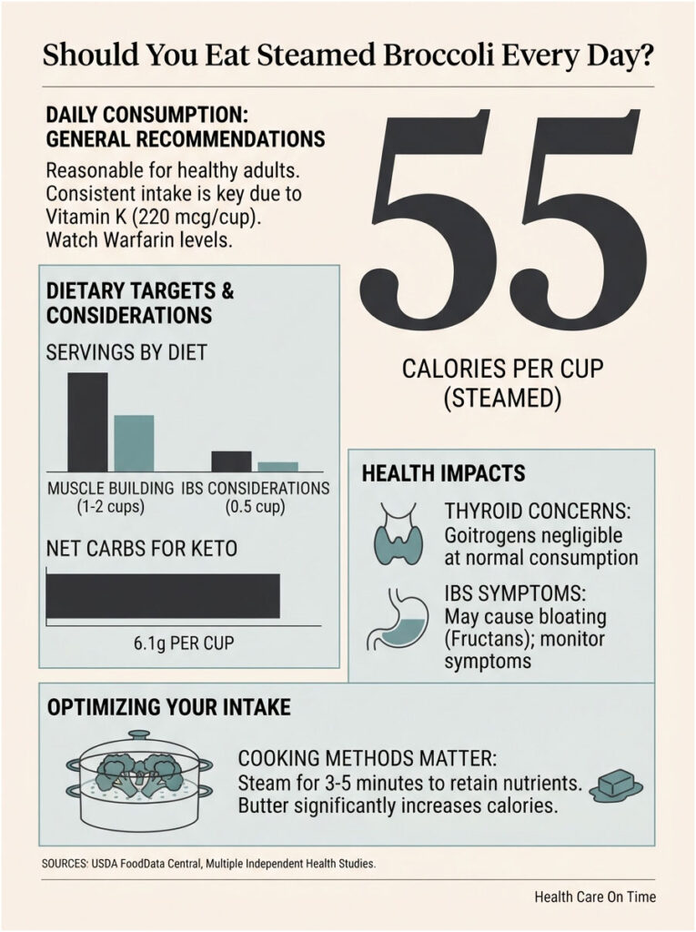 Infographic discusses steamed broccoli, showing 55 calories per cup, dietary recommendations, and health impacts.