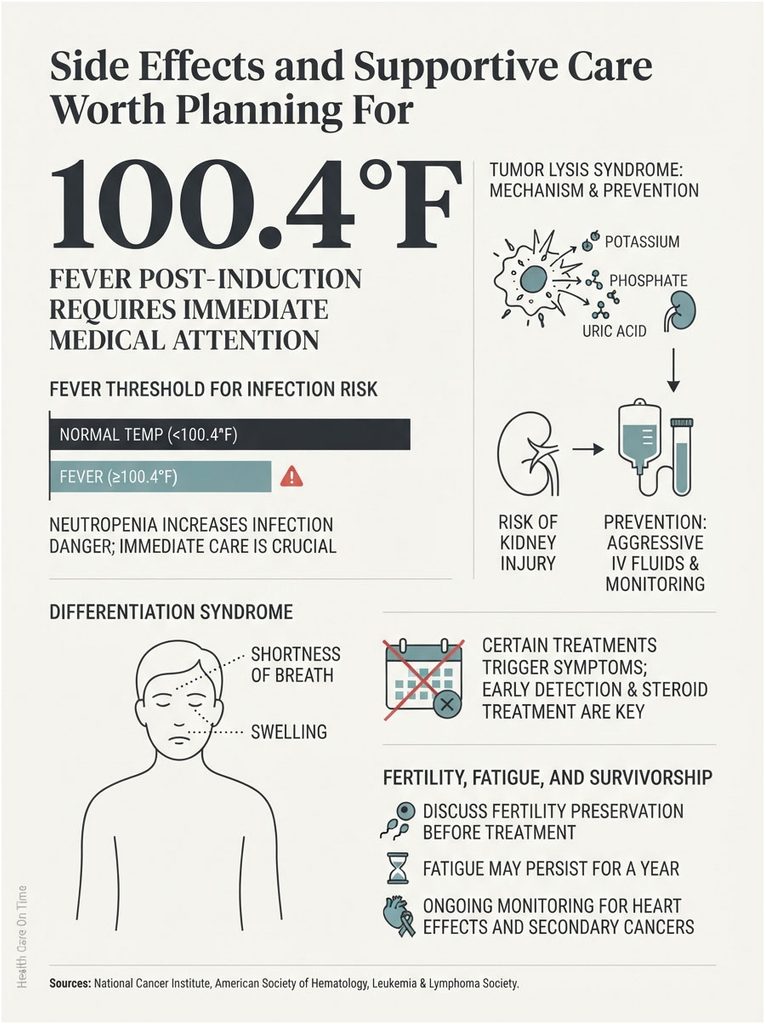 Infographic detailing side effects and supportive care for fever above 100.4°F, including symptoms and prevention strategies.