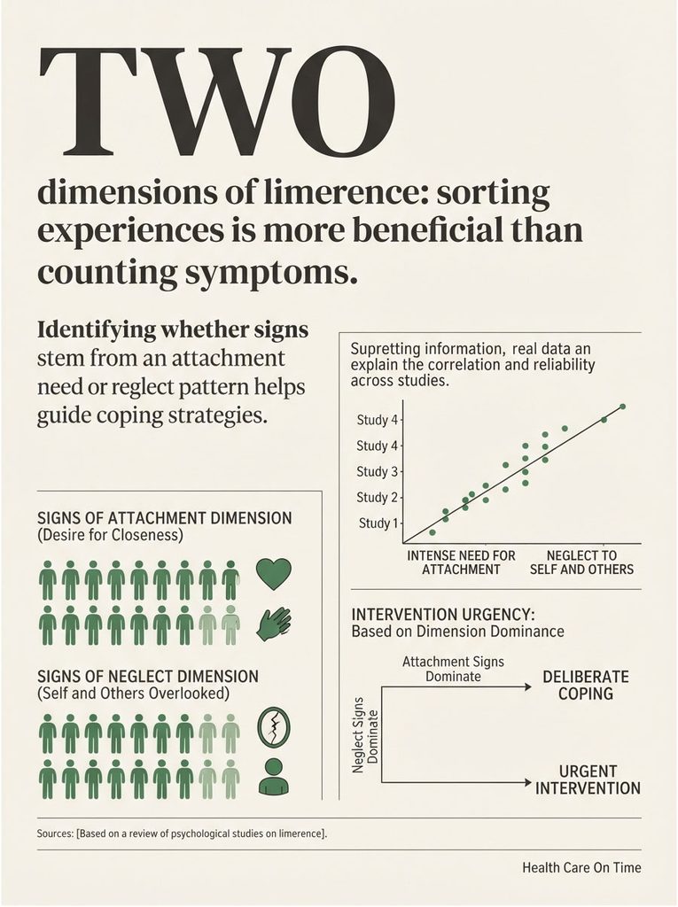 Infographic showing two dimensions of limerence with charts on attachment and neglect signs, and intervention strategies.