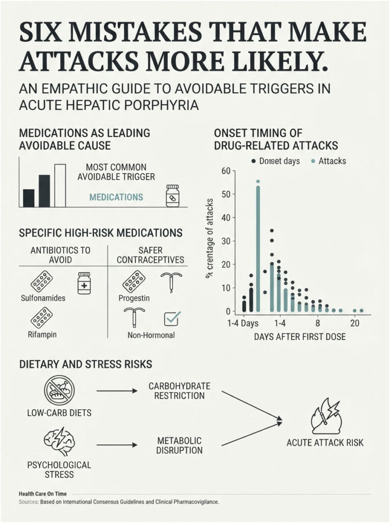 Infographic showing six mistakes increasing acute hepatic porphyria attacks, with medication and dietary risks highlighted.
