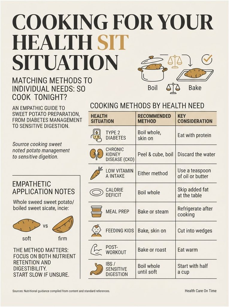 Infographic detailing cooking methods for sweet potatoes based on health situations and considerations.