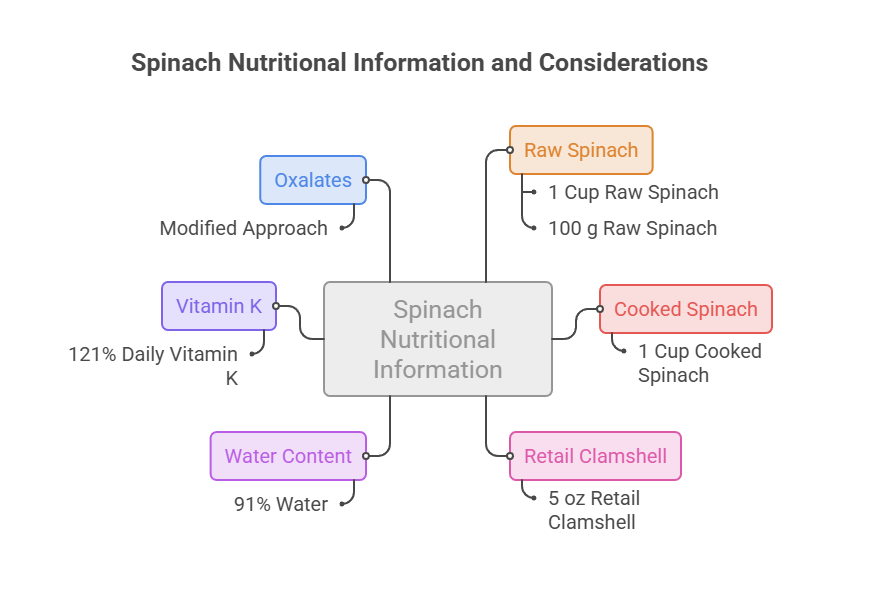 Infographic showing spinach nutritional information, including oxalates, vitamin K, water content, and serving sizes.