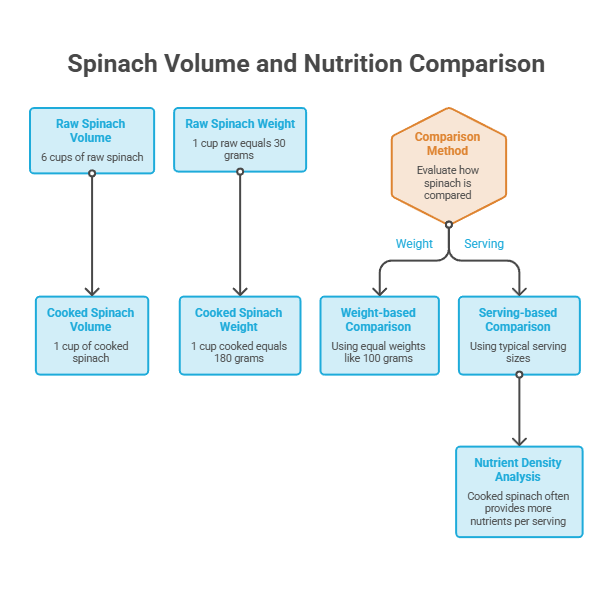 Infographic comparing spinach volume and nutrition, detailing raw and cooked spinach measurements and comparison methods.