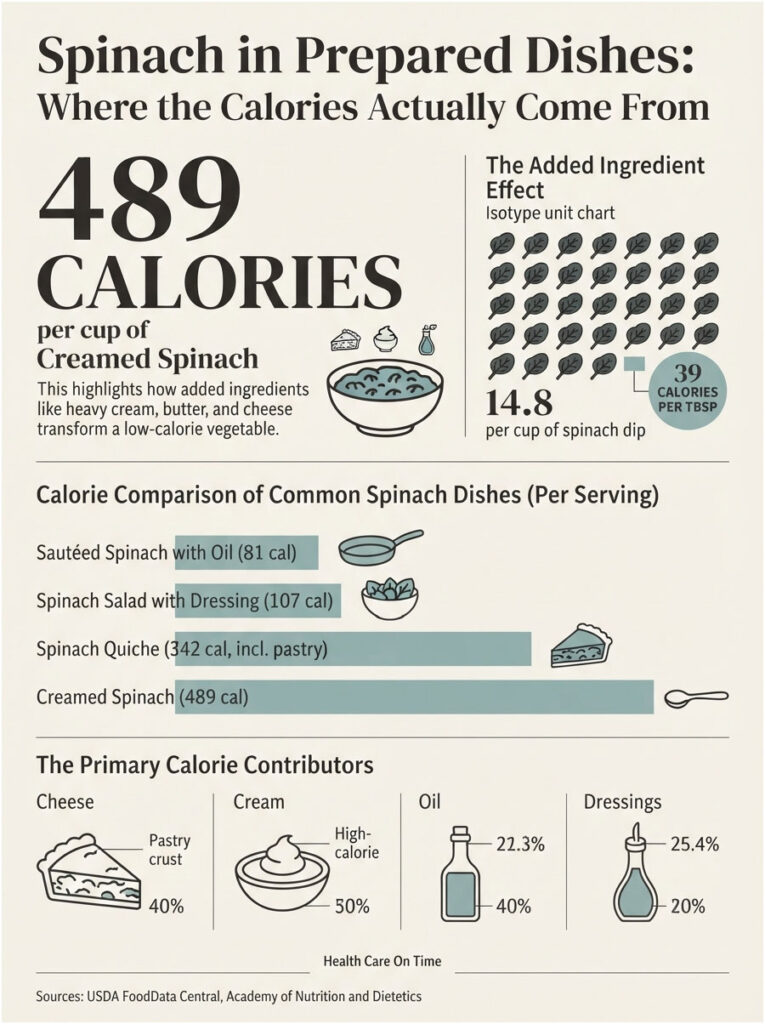 Infographic showing calorie breakdown of creamed spinach and other spinach dishes with visual data and icons.