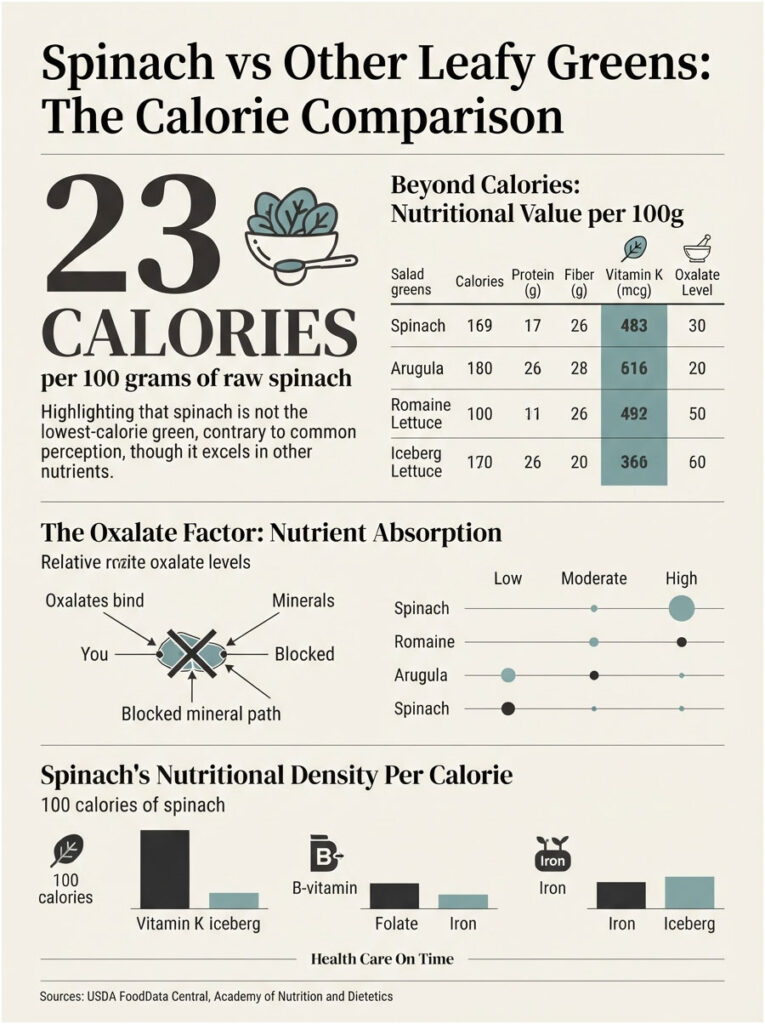 Infographic comparing calories and nutrients in spinach and other leafy greens with charts and data tables.