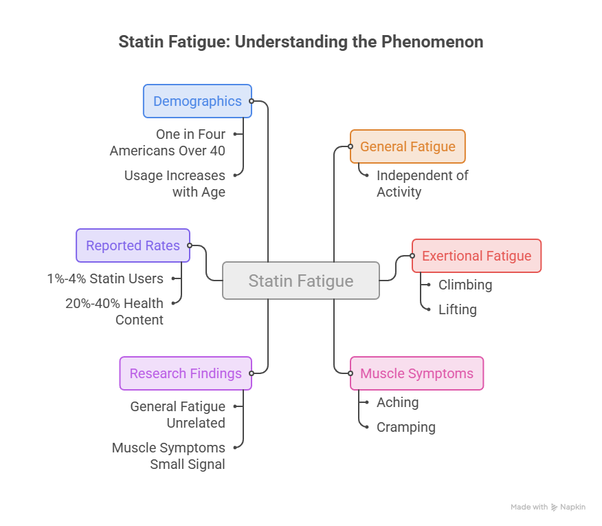Infographic on statin fatigue showing demographics, reported rates, general fatigue, exertional fatigue, and muscle symptoms.