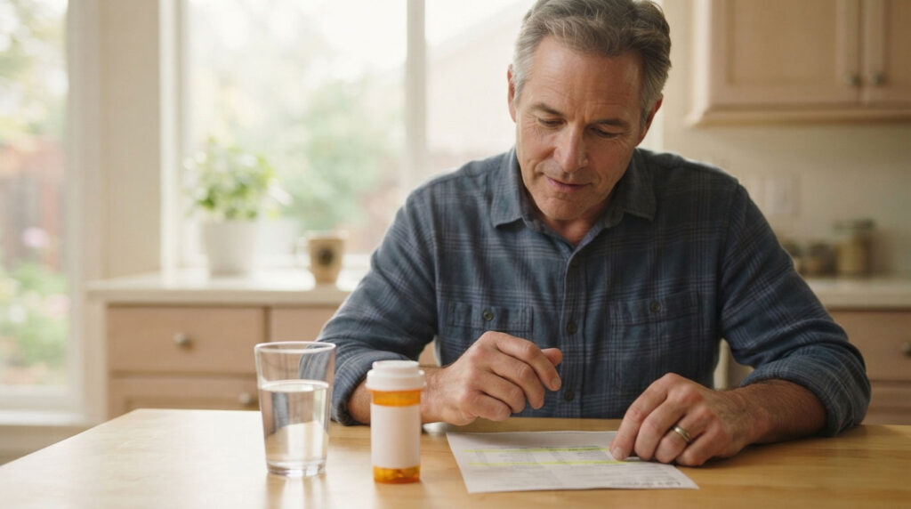 A middle-aged man reviews a prescription document at a kitchen table with a glass of water and a pill bottle.
