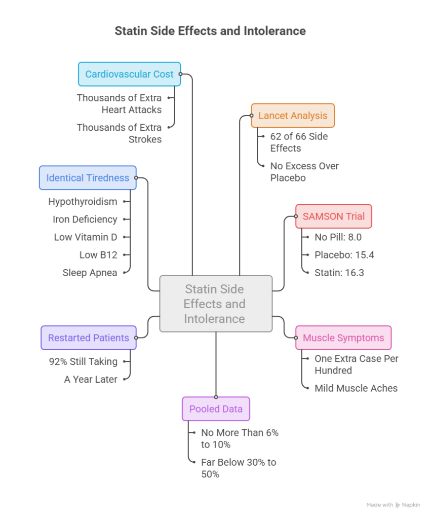 Infographic showing statin side effects and intolerance with data on cardiovascular cost and trial results.