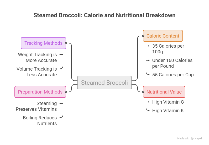 Infographic showing steamed broccoli's calorie content and nutritional value, including tracking and preparation methods.