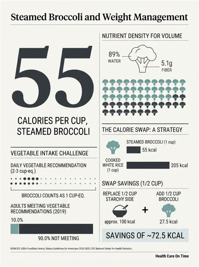 Infographic showing steamed broccoli's calorie count, nutrient density, and vegetable intake recommendations.