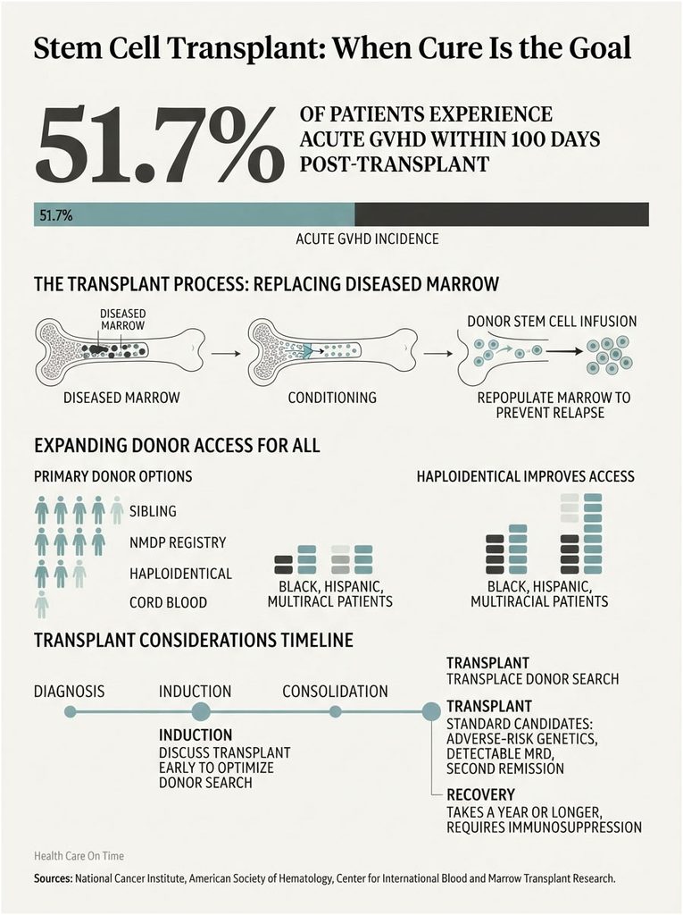 Infographic showing stem cell transplant process, acute GVHD statistics, donor options, and timeline for patients.