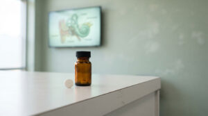 A brown pill bottle and a white tablet on a table with a medical illustration in the background.