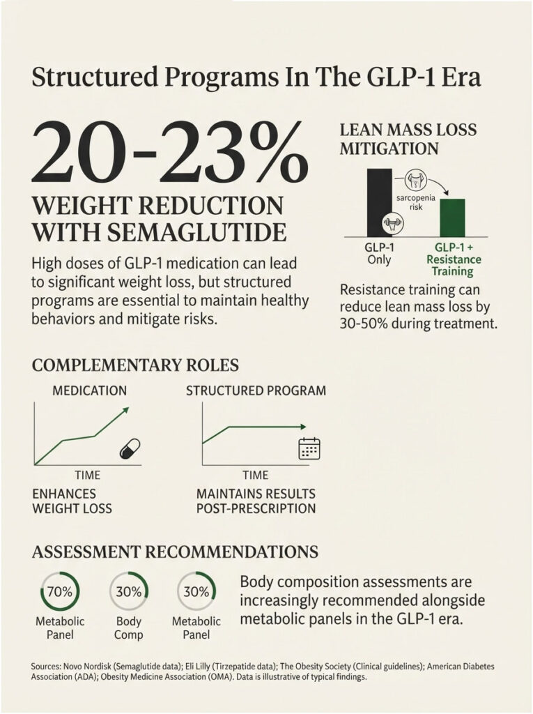 Infographic showing weight reduction with semaglutide, charts on medication and structured programs, and assessment recommendations.