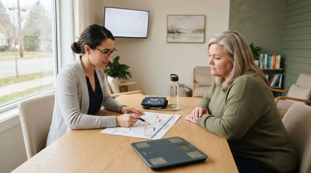 Two women discuss a colorful chart at a wooden table in a bright room with plants and a laptop nearby.