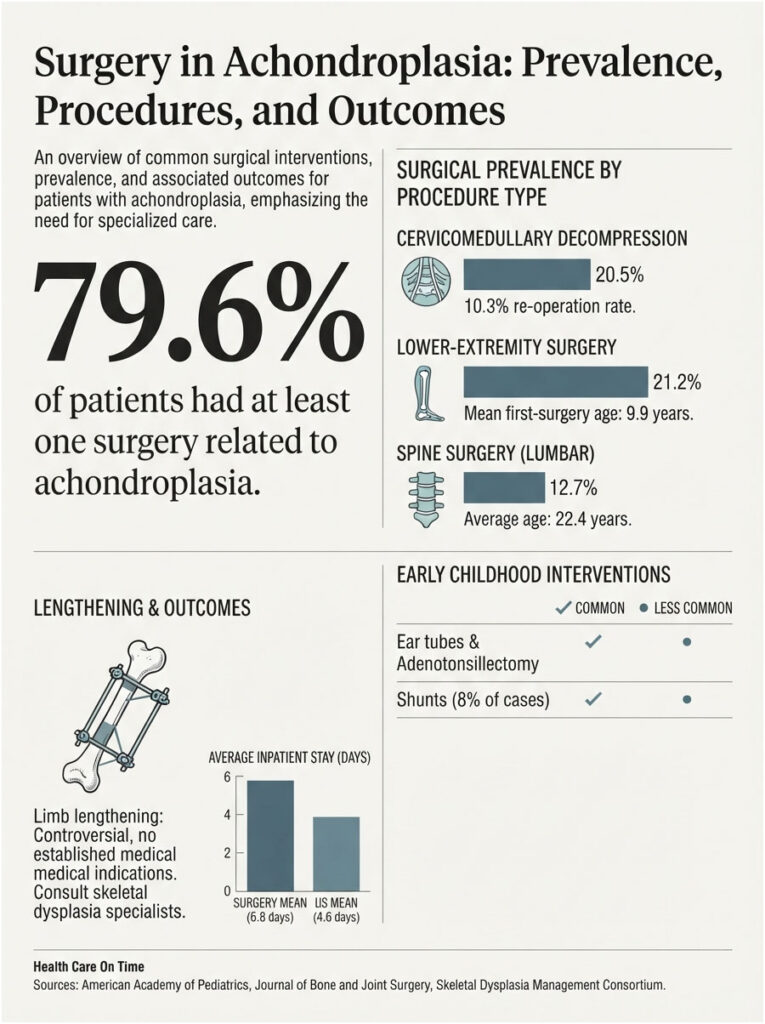 Infographic on achondroplasia surgery statistics, showing prevalence and types of procedures with charts and icons.