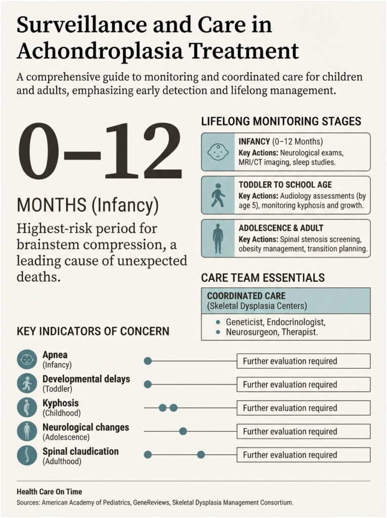 Infographic detailing surveillance and care for achondroplasia treatment, with key monitoring stages and indicators of concern.
