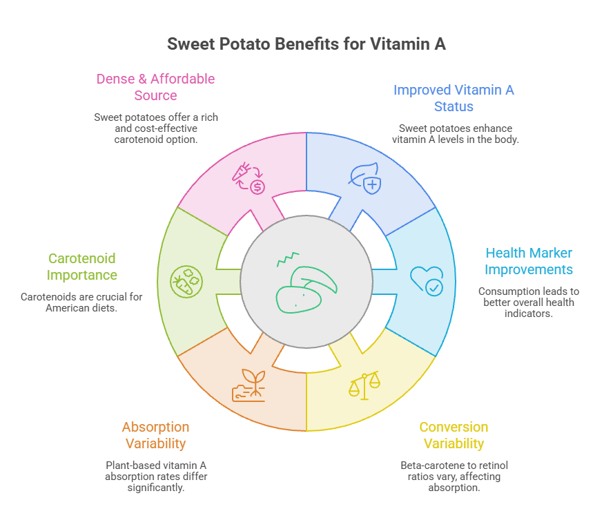 Infographic showing sweet potato benefits for vitamin A, including health markers and absorption variability.
