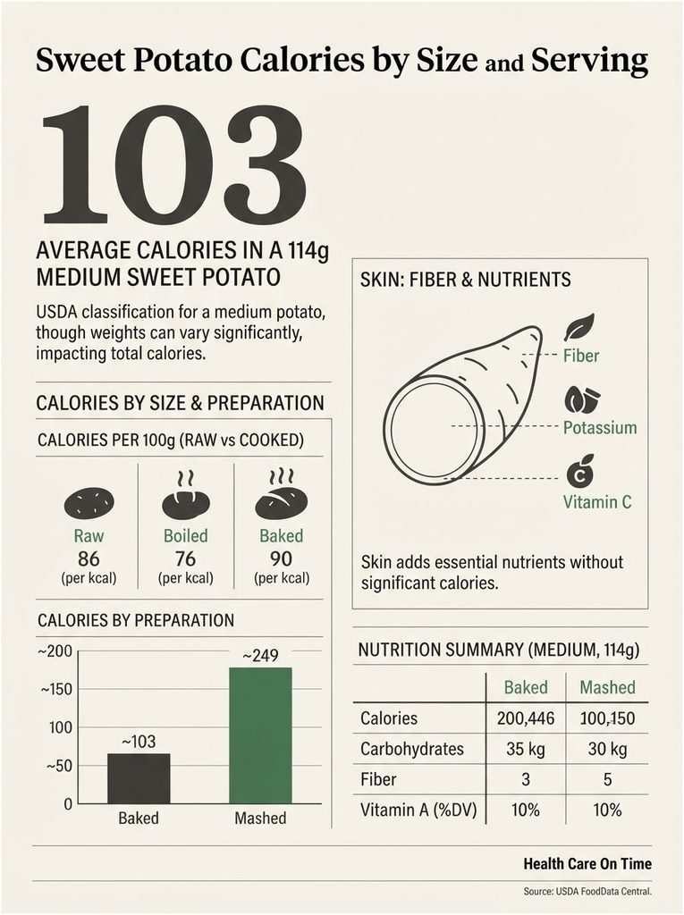 Infographic showing sweet potato calories by size and preparation, including charts and nutritional data.