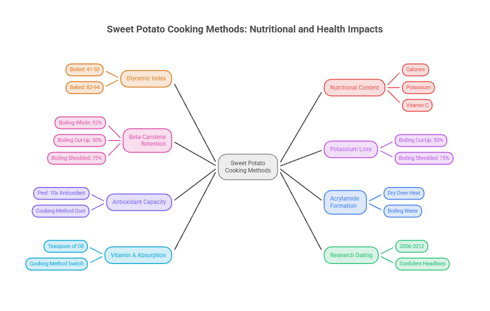 Infographic showing sweet potato cooking methods, nutritional impacts, and health data including glycemic index and vitamin A absorption.