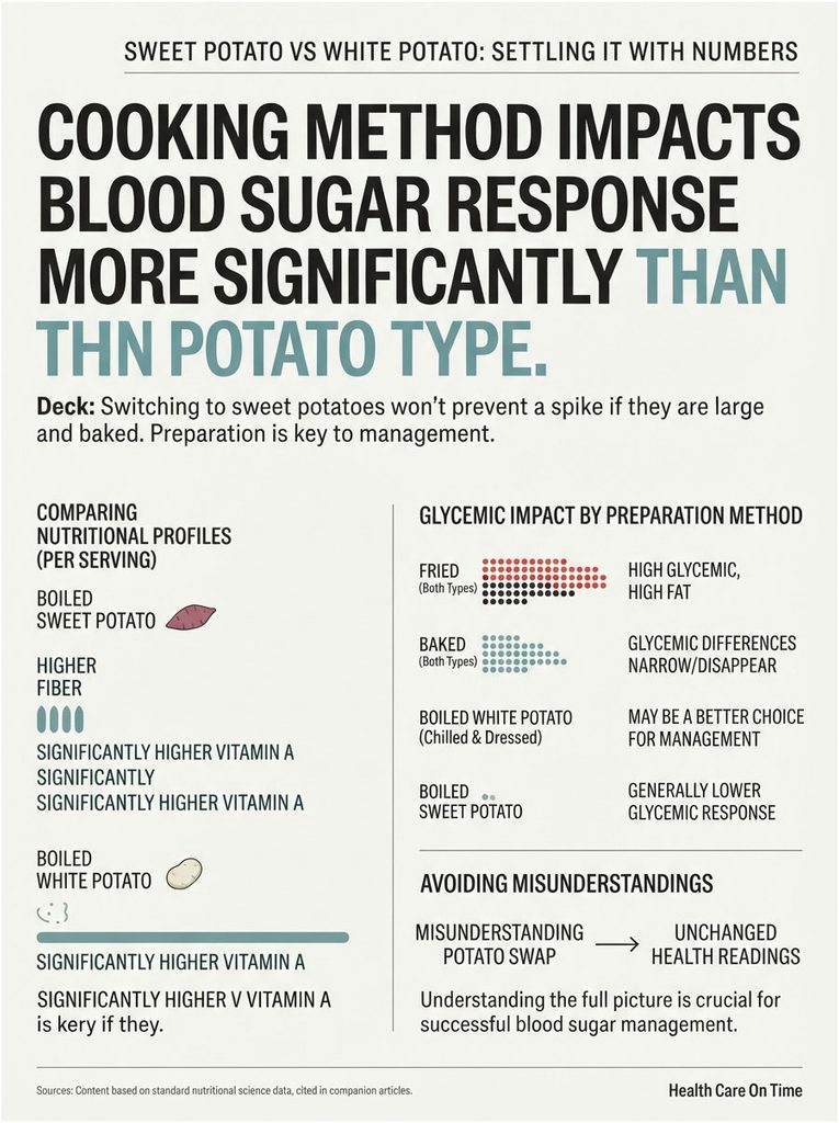 Infographic comparing sweet and white potatoes' blood sugar impact based on cooking methods and nutritional profiles.