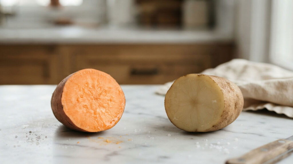 A halved sweet potato and a regular potato on a marble countertop with a knife nearby.