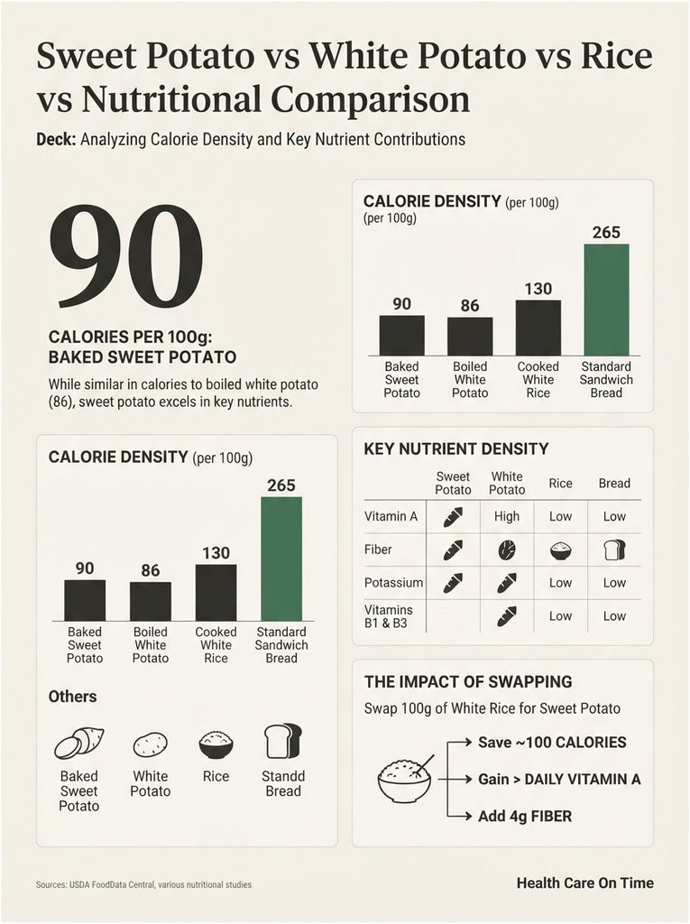 Infographic comparing calorie density and nutrients of baked sweet potato, white potato, rice, and sandwich bread.