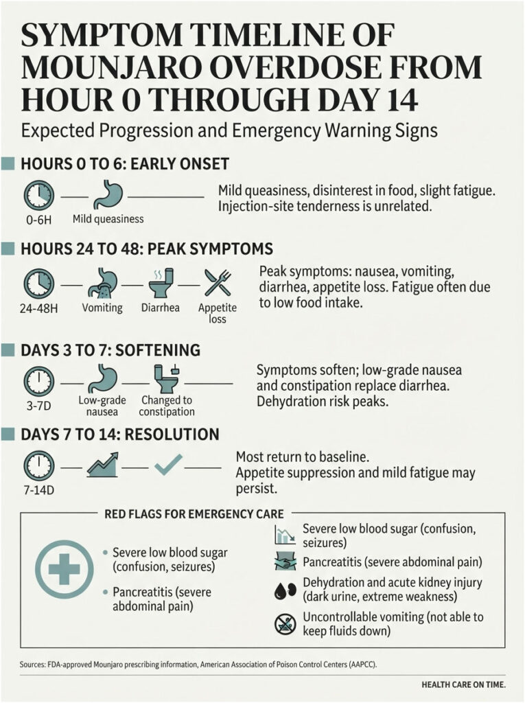 Infographic showing symptom timeline of Mounjaro overdose from hour 0 to day 14 with key symptoms and emergency signs.