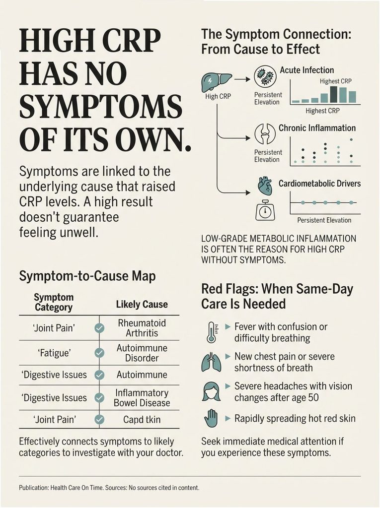 Infographic showing high CRP symptoms, causes, and red flags for care needs, with charts and icons.