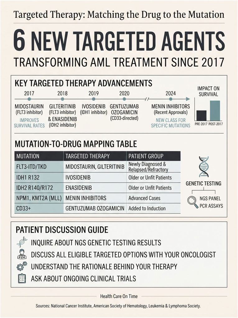 Infographic detailing 6 new targeted agents for AML treatment, including therapy advancements and mutation mapping.