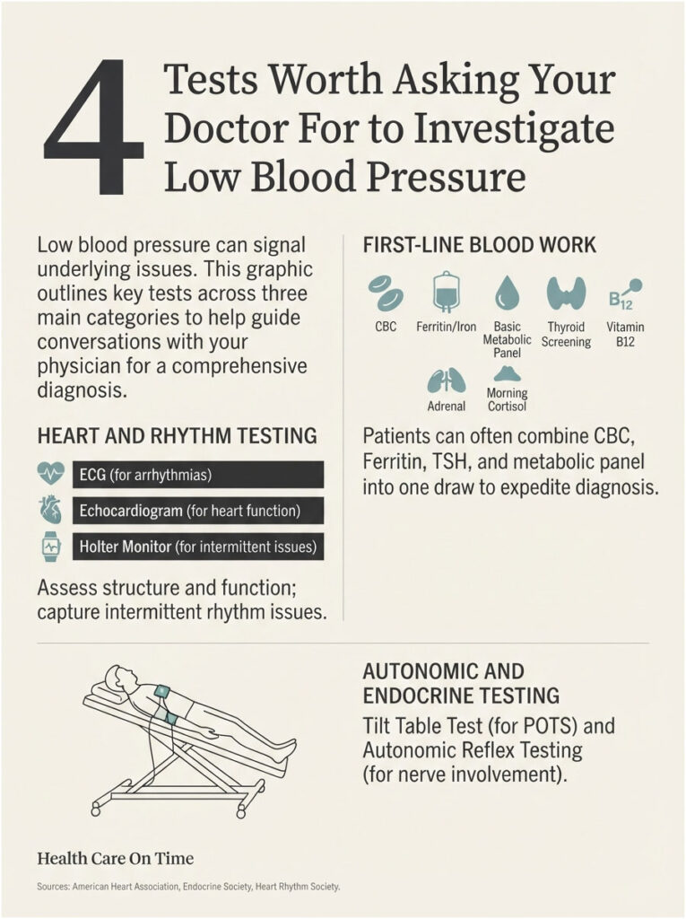 Infographic detailing 4 tests for low blood pressure, including blood work and heart testing methods.