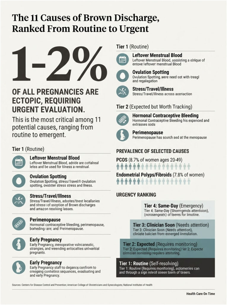 Infographic showing 11 causes of brown discharge, ranked from routine to urgent, with statistics and icons.