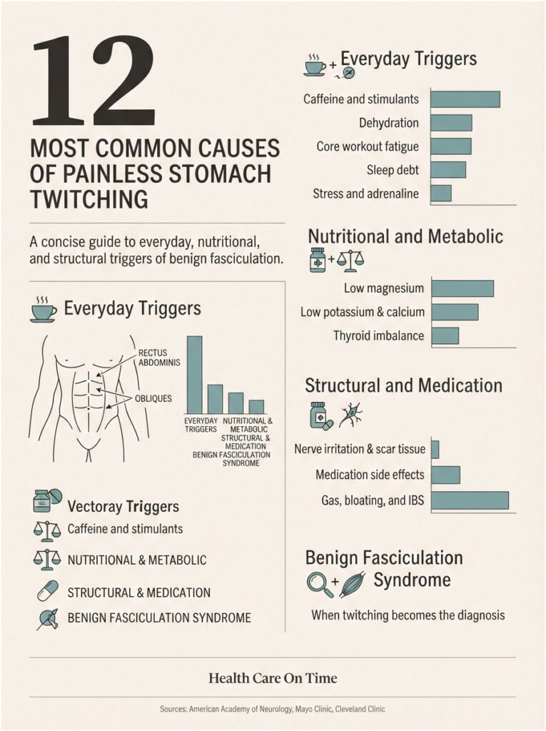 Infographic showing causes of painless stomach twitching, including everyday, nutritional, and structural triggers.
